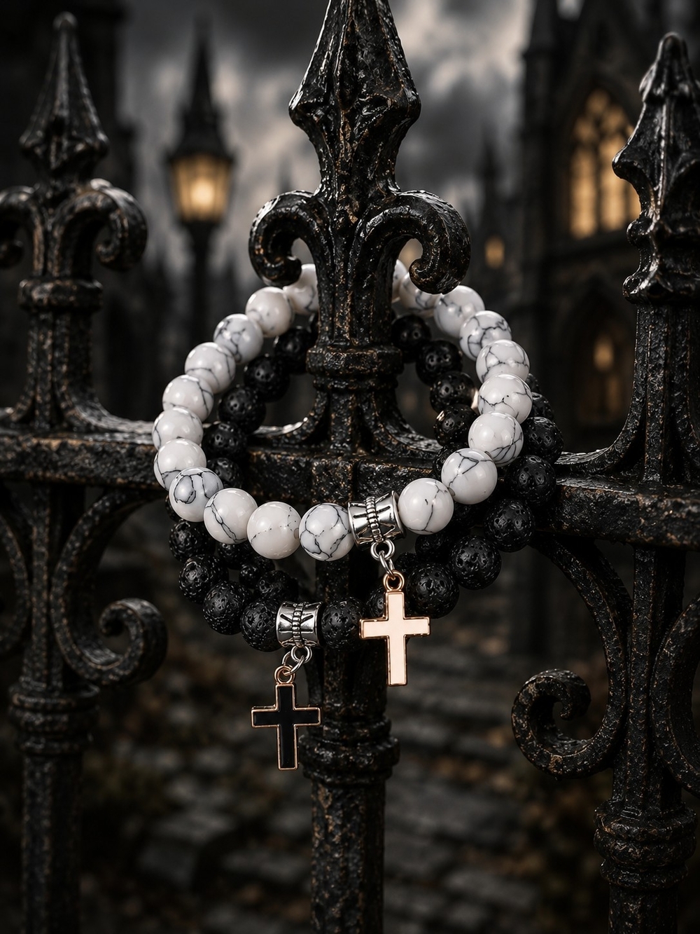 Black Lava and White Marble Beaded Bracelets with Cross Charms